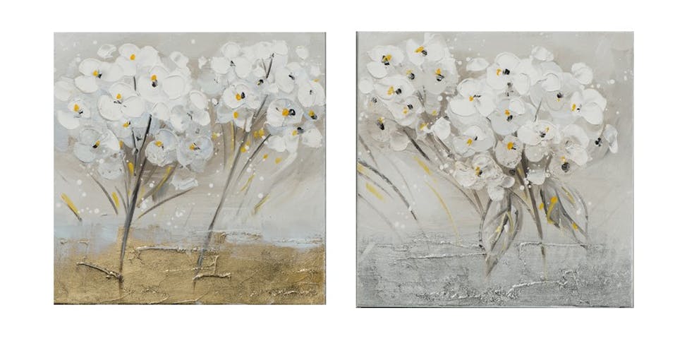 Lot de 2 tableaux FLEURS Blanches peintures acrylique - tons blancs, jaunes, dorés et argentés 2X 25x25cm