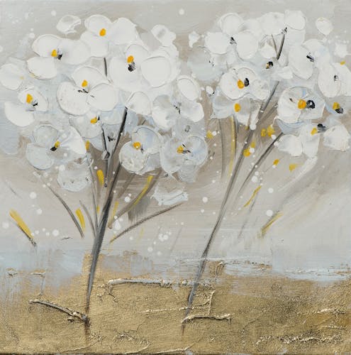 Lot de 2 tableaux FLEURS Blanches peintures acrylique - tons blancs, jaunes, dorés et argentés 2X 25x25cm