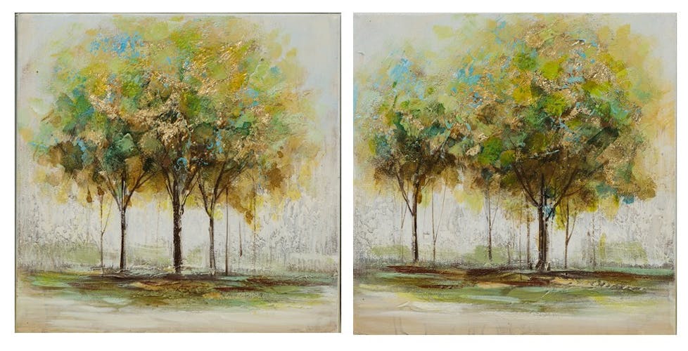 Lot de 2 tableaux FORET Arbres peinture acrylique et feuilles métal - tons marrons, verts, bleus et dorés 2X 25x25cm
