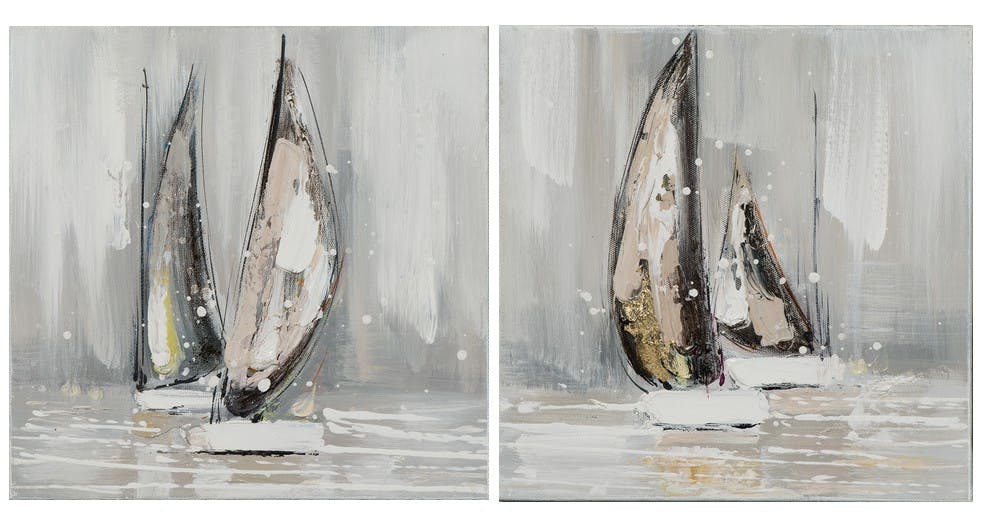 Lot de 2 tableaux MARINE Voiliers peinture acrylique et feuilles métal - tons blancs, dorés et argentés 2X 25x25cm
