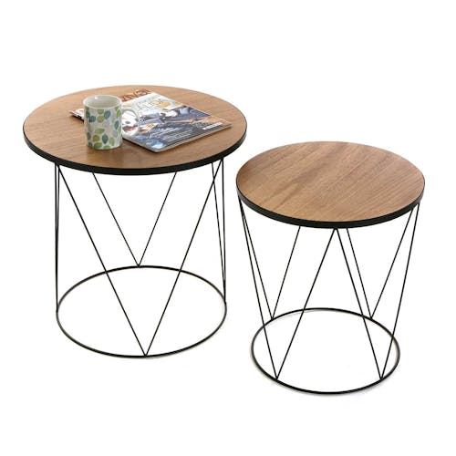 Lot de 2 tables d'appoint rondes plateau bois et pieds métal base cercle et triangles D50,5xH50cm LANDAISE