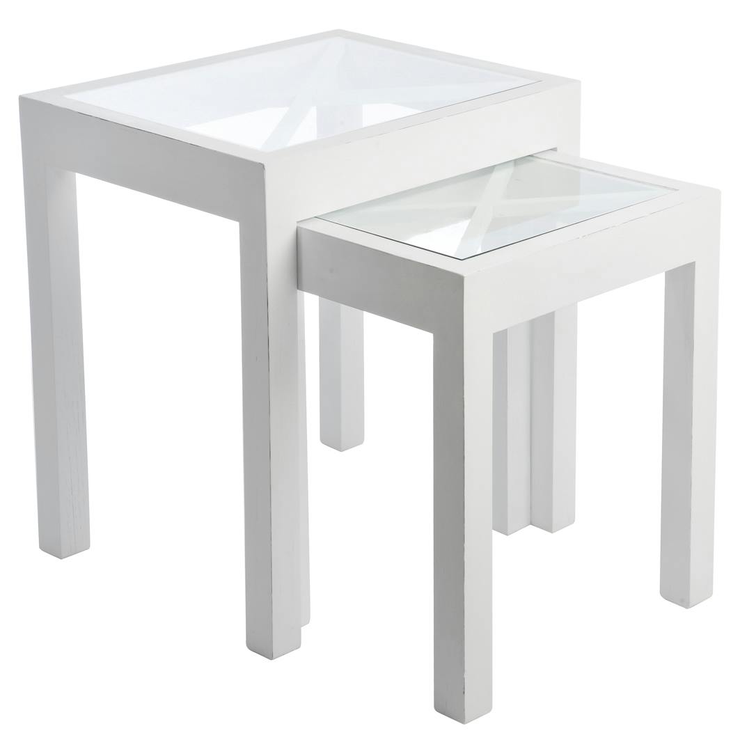 Lot de 2 tables gigognes bois blanc, plateau en verre avec croisillons 55x45x60cm