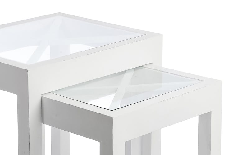 Lot de 2 tables gigognes bois blanc, plateau en verre avec croisillons 55x45x60cm