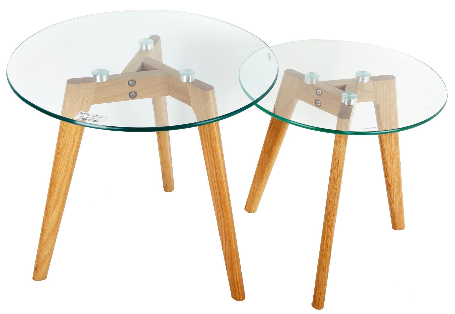 Lot de 2 Tables rondes d'appoint Gigogne plateau verre et pieds bois H45cm