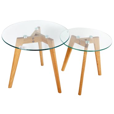  Lot de 2 Tables rondes d'appoint Gigogne plateau verre et pieds bois H45cm