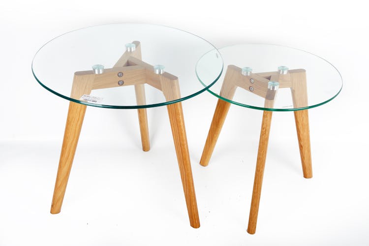 Lot de 2 Tables rondes d'appoint Gigogne plateau verre et pieds bois H45cm