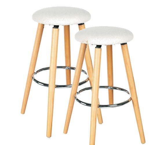 Lot de 2 Tabourets de Bar en bois assise couleur lin et pieds bois naturel avec support pieds en métal D37xH73cm