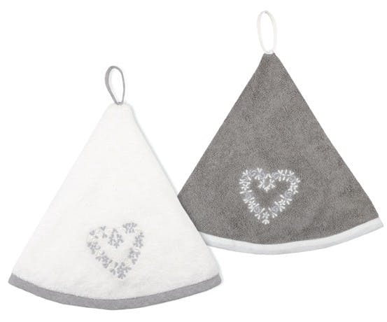 Lot de 2 torchons parapluie gris et écru coeur brodé D60cm 100% coton MANOIR