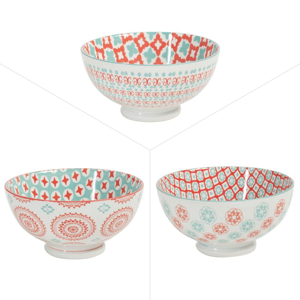 Lot de 3 bols décor graphique porcelaine tons orangés et turquoises D15xH10,5cm