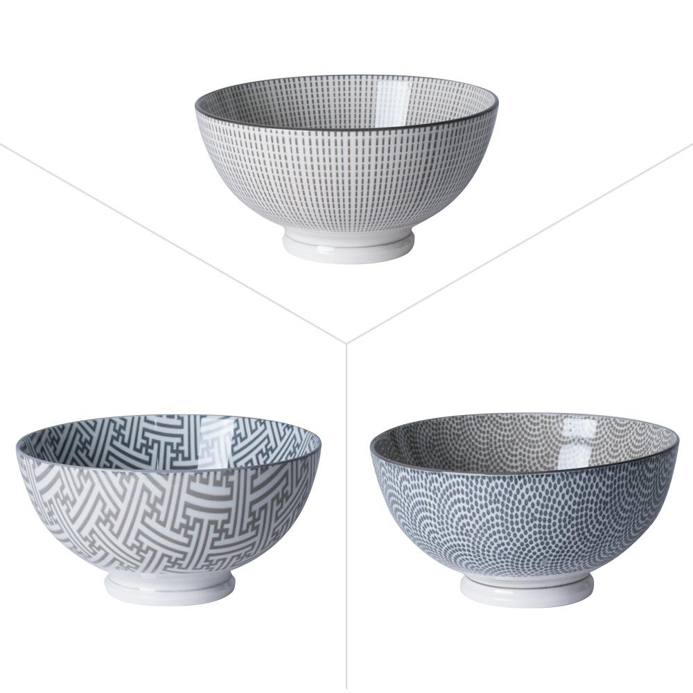 Lot de 3 bols décorés porcelaine tons gris D15xH10,5cm