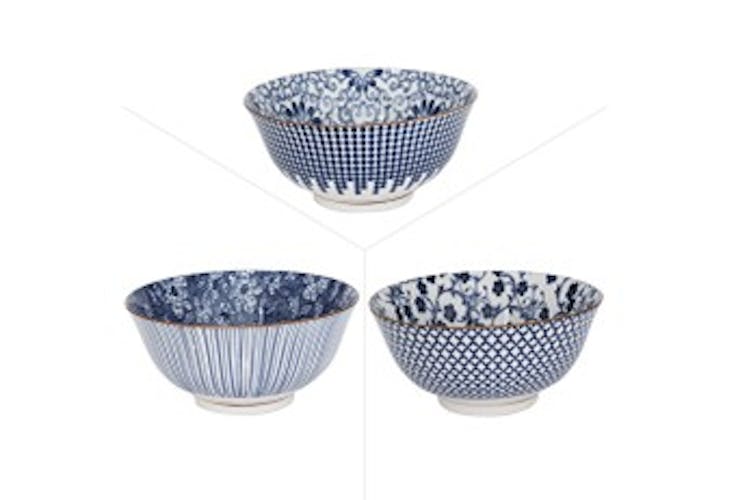 Lot de 3 bols évasés décor graphique japonisant porcelaine tons bleus D15xH10,5cm