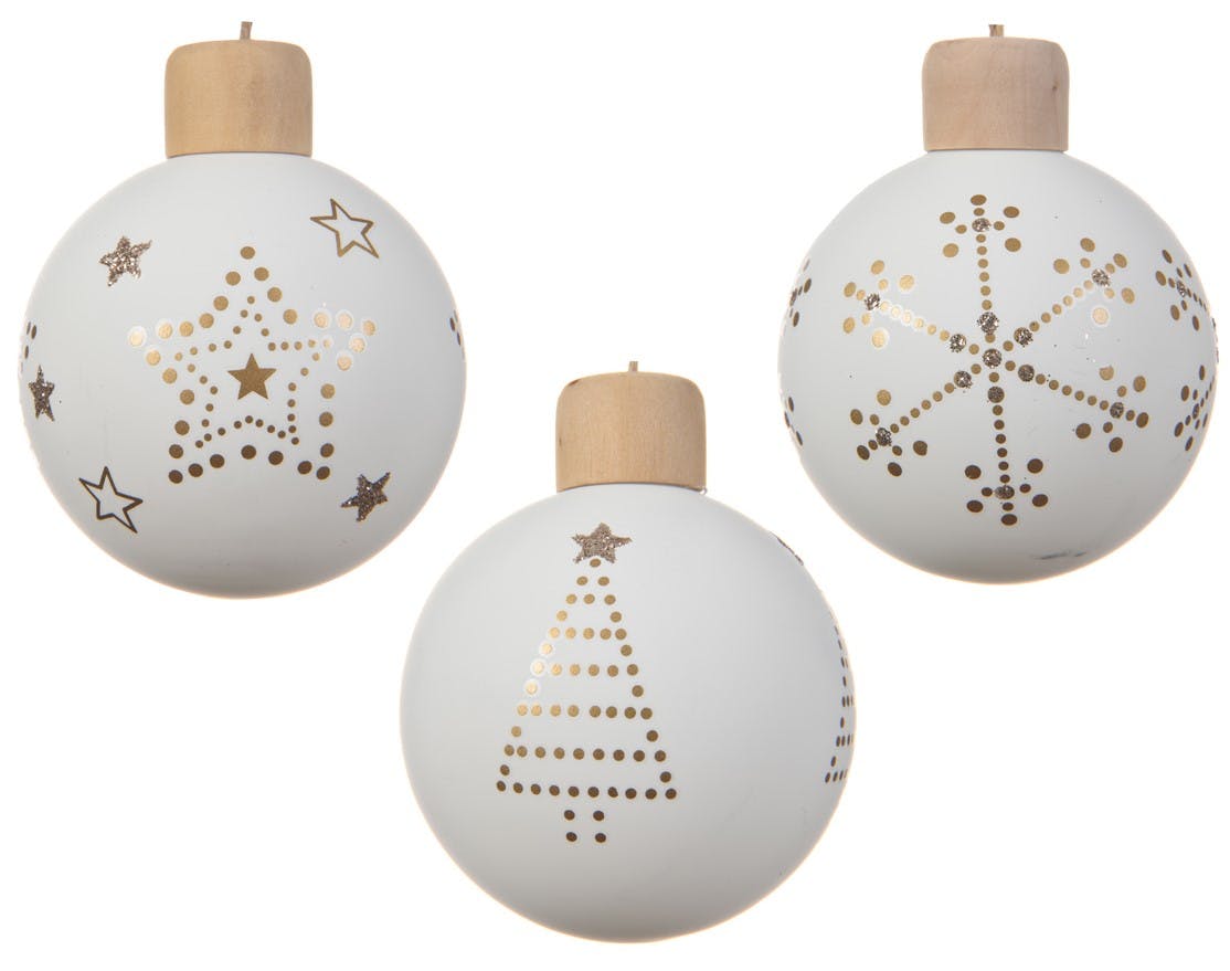 Lot de 3 boules de noël blanches décor doré D8cm