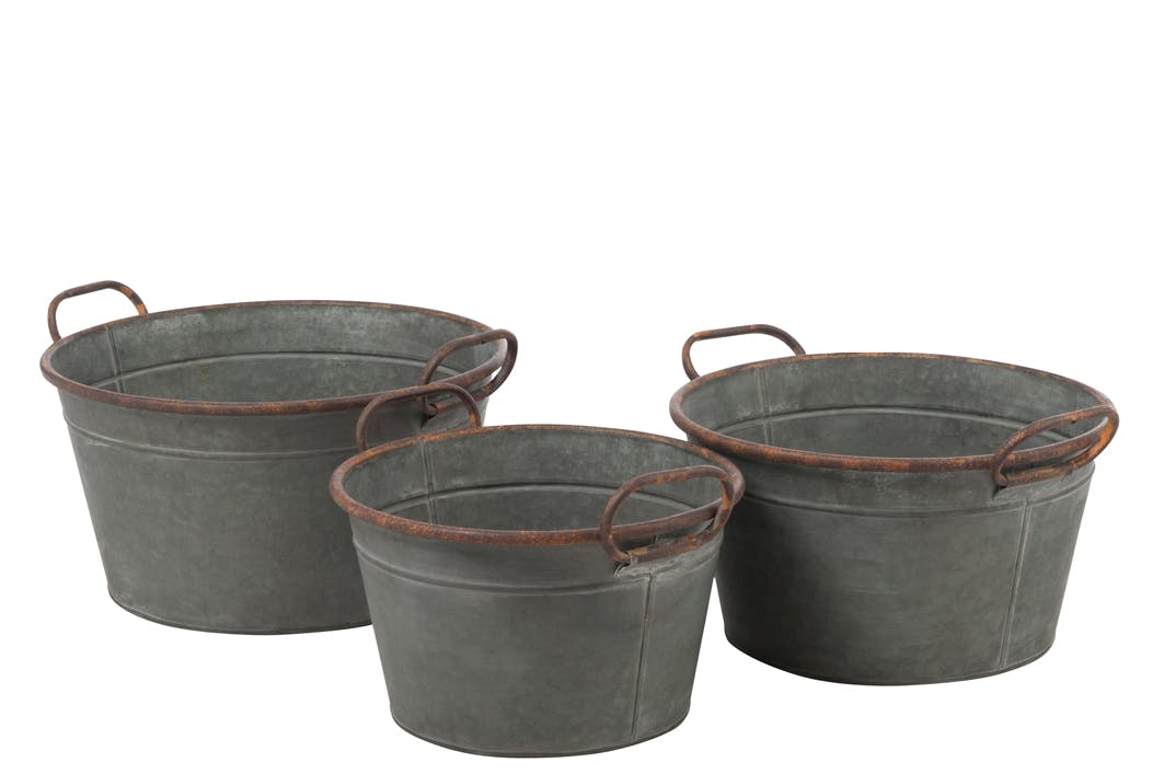 Lot de 3 cache-pots en métal gris, aspect rouillé