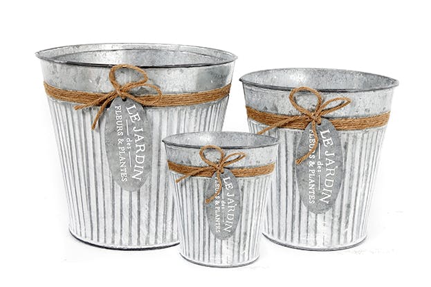 Lot de 3 cache pots jardinières rondes zinc avec corde et étiquette
