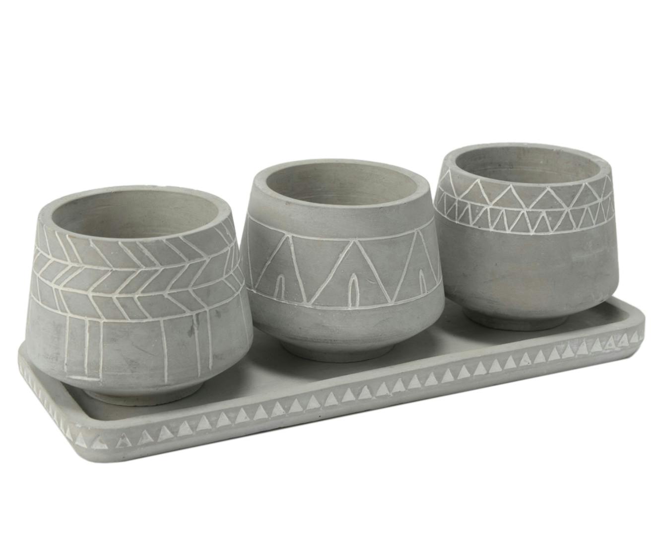 Lot de 3 Cache-pots Massaï en ciment sur plateau 36x13x11cm