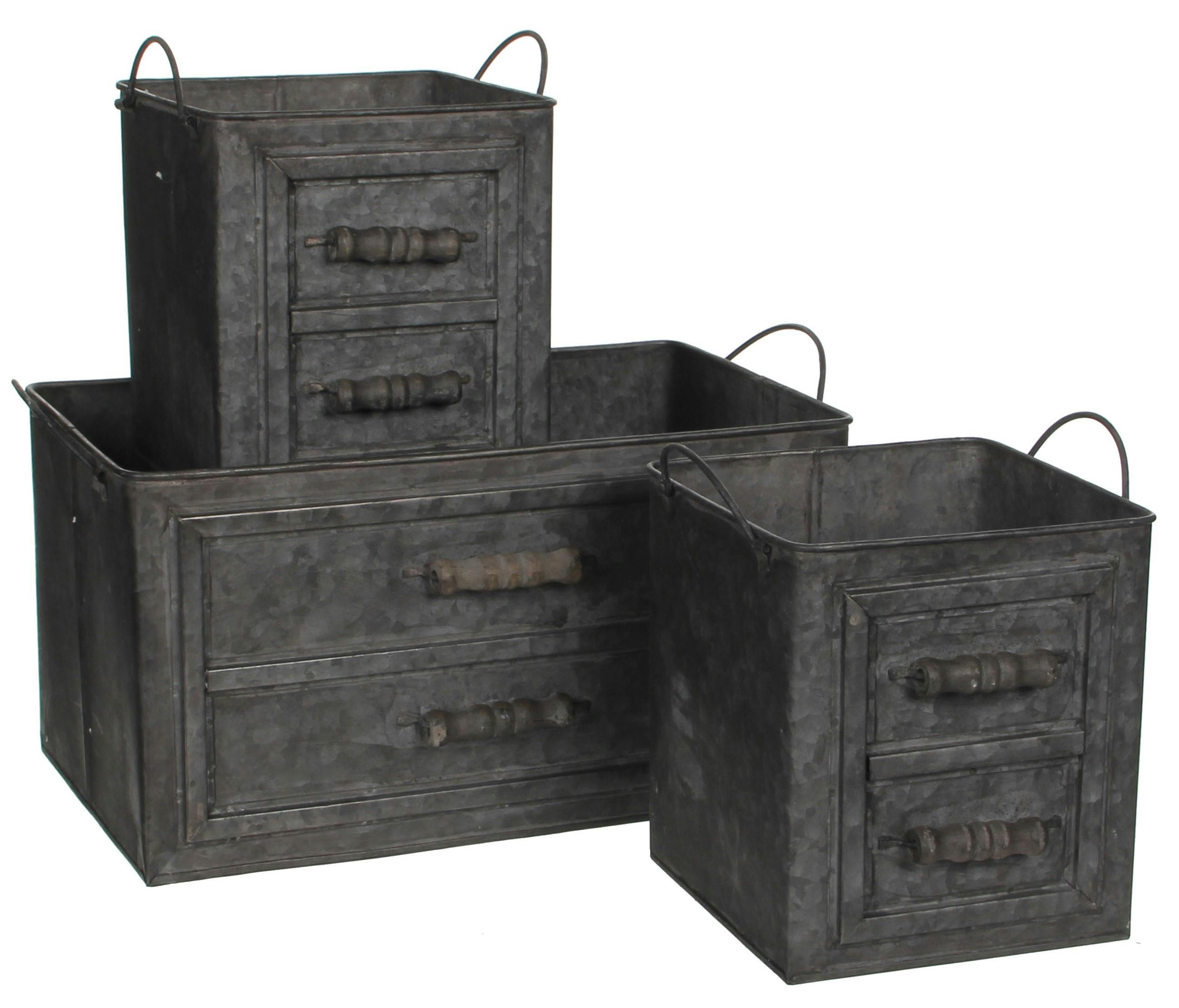 Lot de 3 Caisses / Cache-Pots en Zinc noir grisé, avec poignées et déco effet faux tiroirs 36x22x19cm