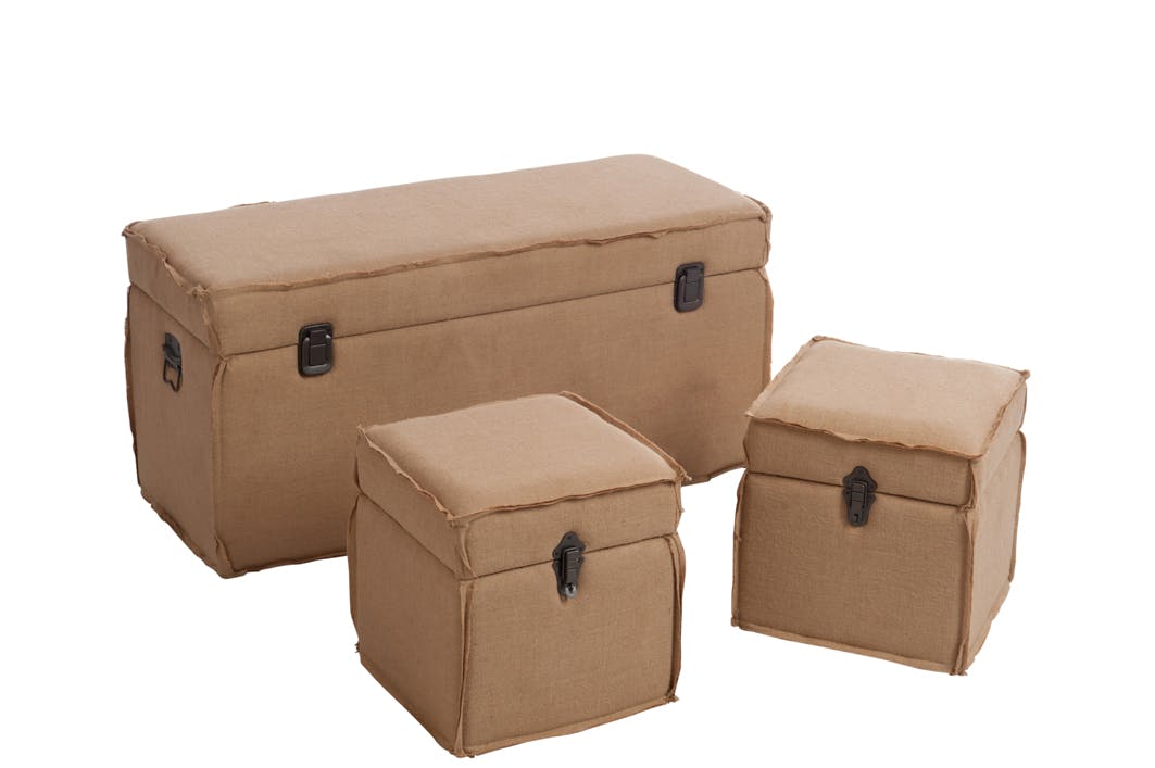 Lot de 3 coffres en bois et coton, coloris marron, 101x41x43cm