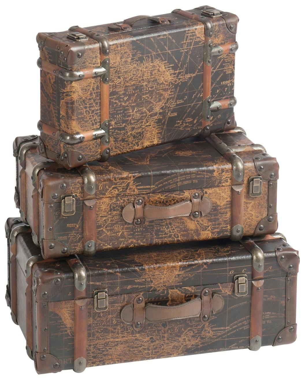 Lot de 3 coffres en bois marron, motif carte du monde - 62x40x25cm