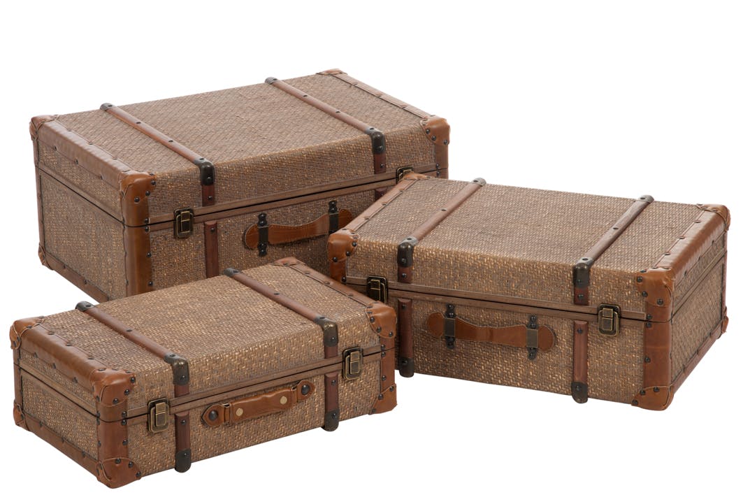 Lot de 3 coffres en rotin, aspect antique - 60x41x28cm
