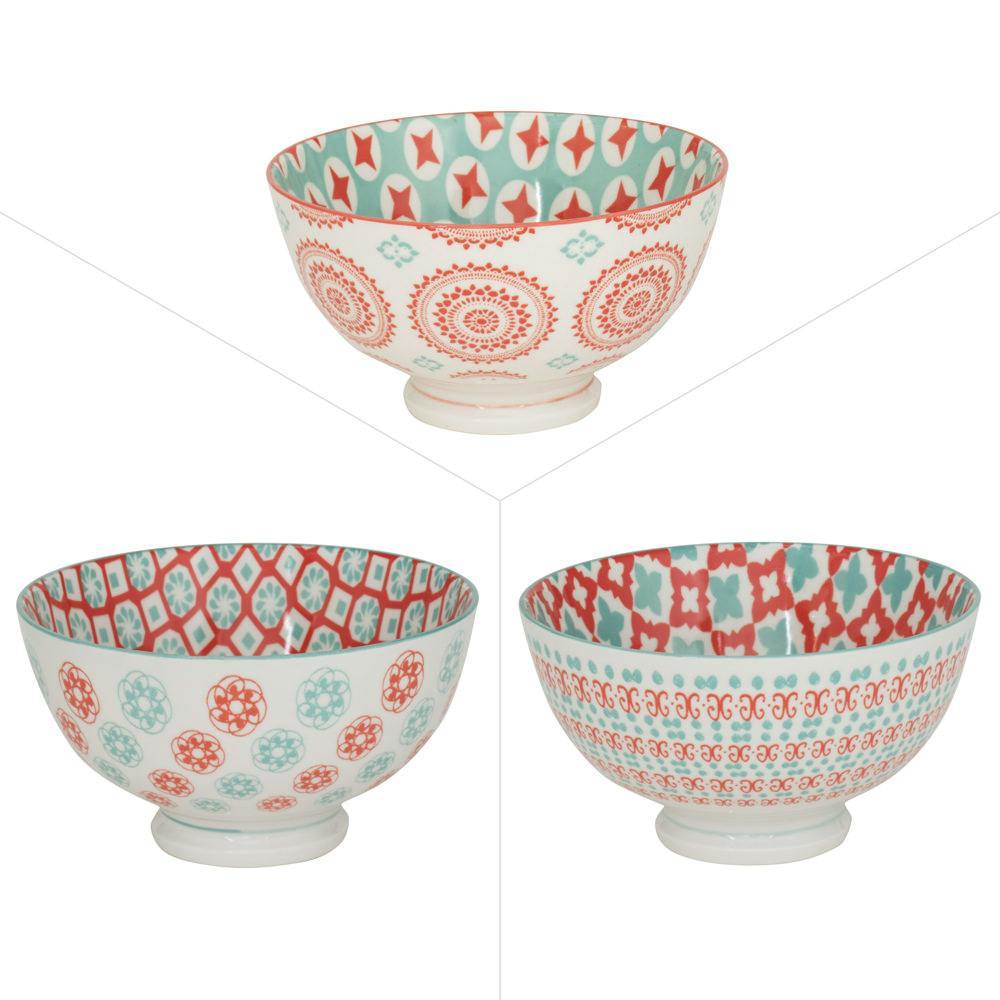 Lot de 3 coupelles décor graphique porcelaine tons orangés et turquoises D11,5xH8,5cm