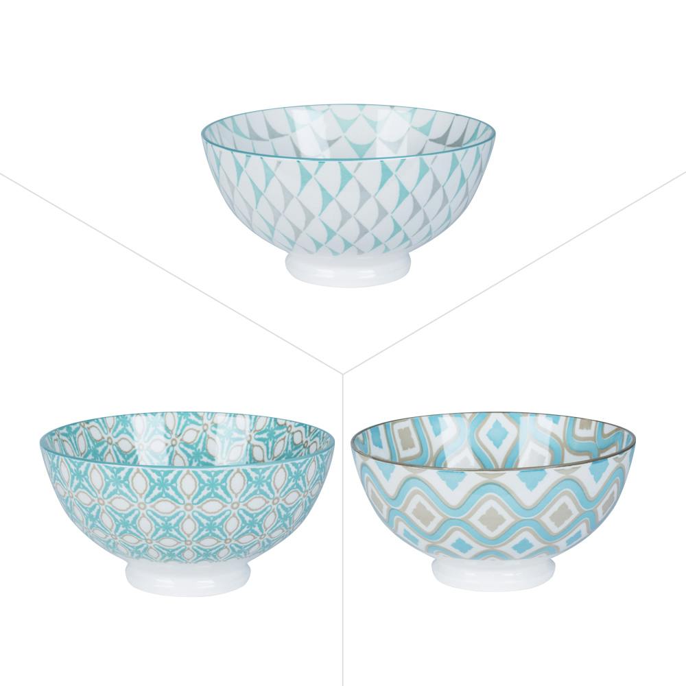 Lot de 3 coupelles décor graphique porcelaine tons turquoises et gris D11,5xH8,5cm