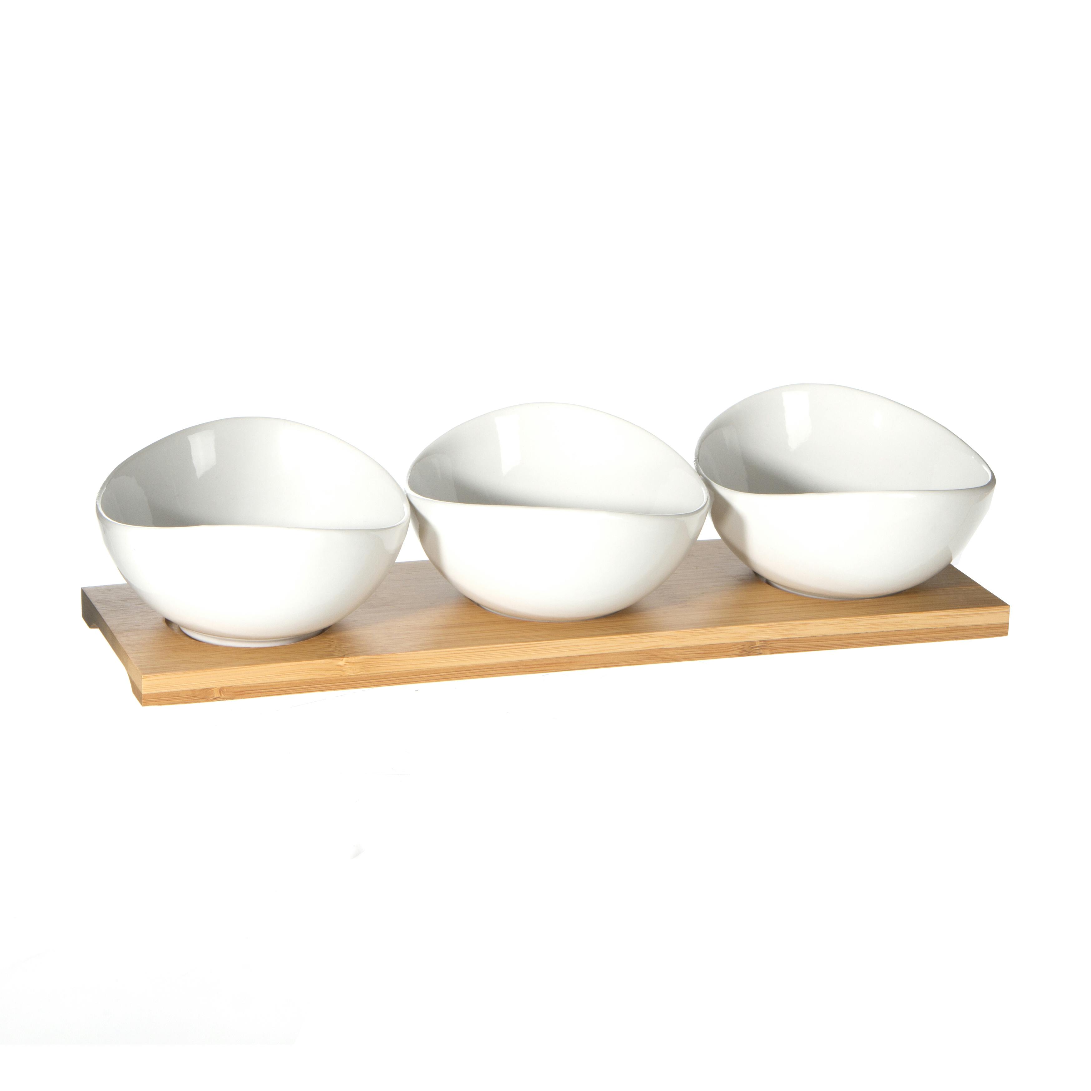 Lot de 3 coupelles en porcelaine forme goutte sur planche en bambou 30x7xH10cm