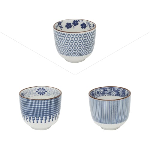 Lot de 3 gobelets décor graphique japonisant porcelaine tons bleus D5xH5,5cm