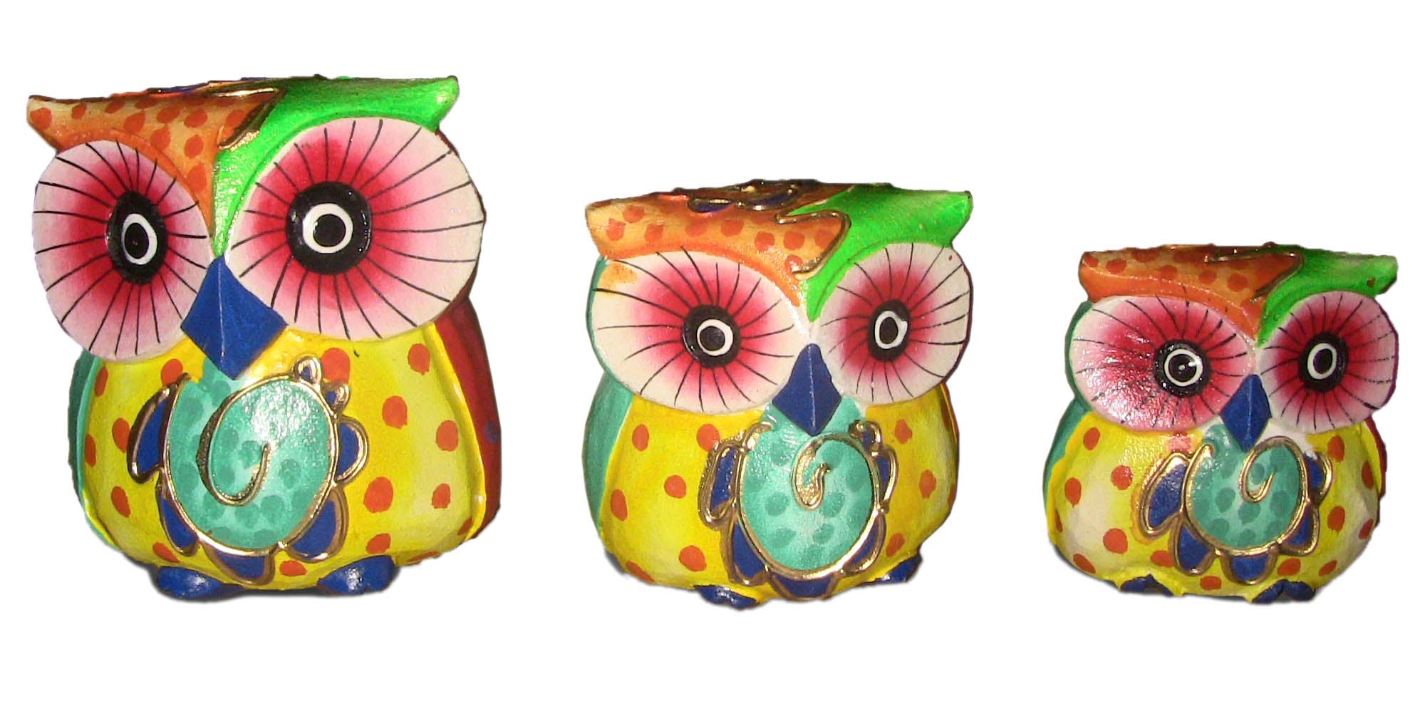 Lot de 3 Hiboux Picasso en bois multicouleur H10/8/6cm