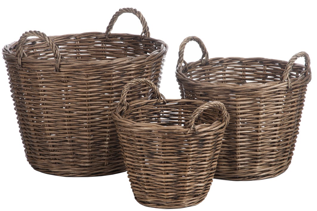 Lot de 3 paniers ronds avec anse, saule naturel
