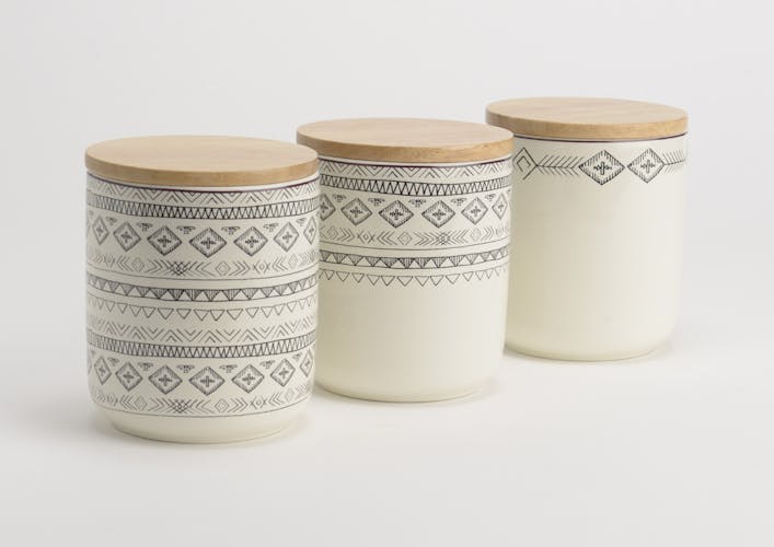 Lot de 3 Pots Steppe hermétiques en porcelaine écrue avec motifs linéaires et liseré couleur bordeaux