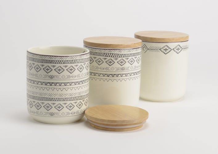 Lot de 3 Pots Steppe hermétiques en porcelaine écrue avec motifs linéaires et liseré couleur bordeaux