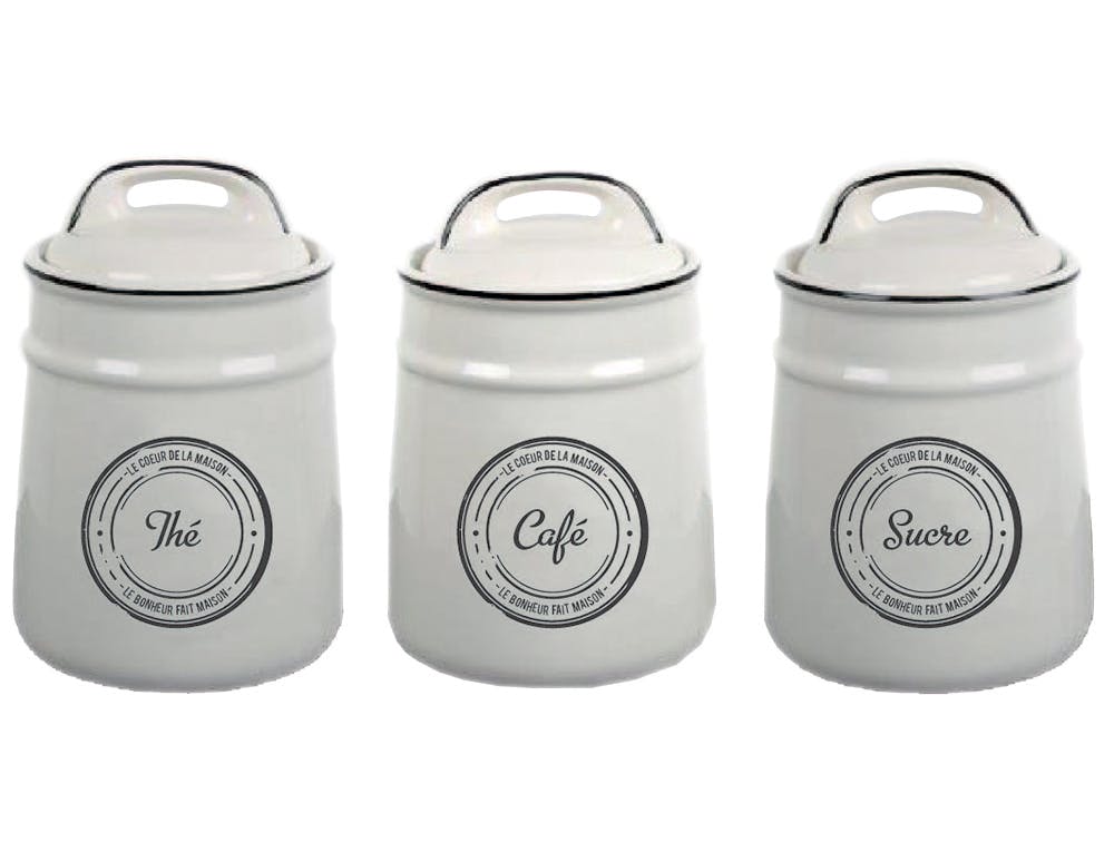 Lot de 3 pots "Thé" "Café" "Sucre" en céramique écrue et liseret noir 12x12x17cm