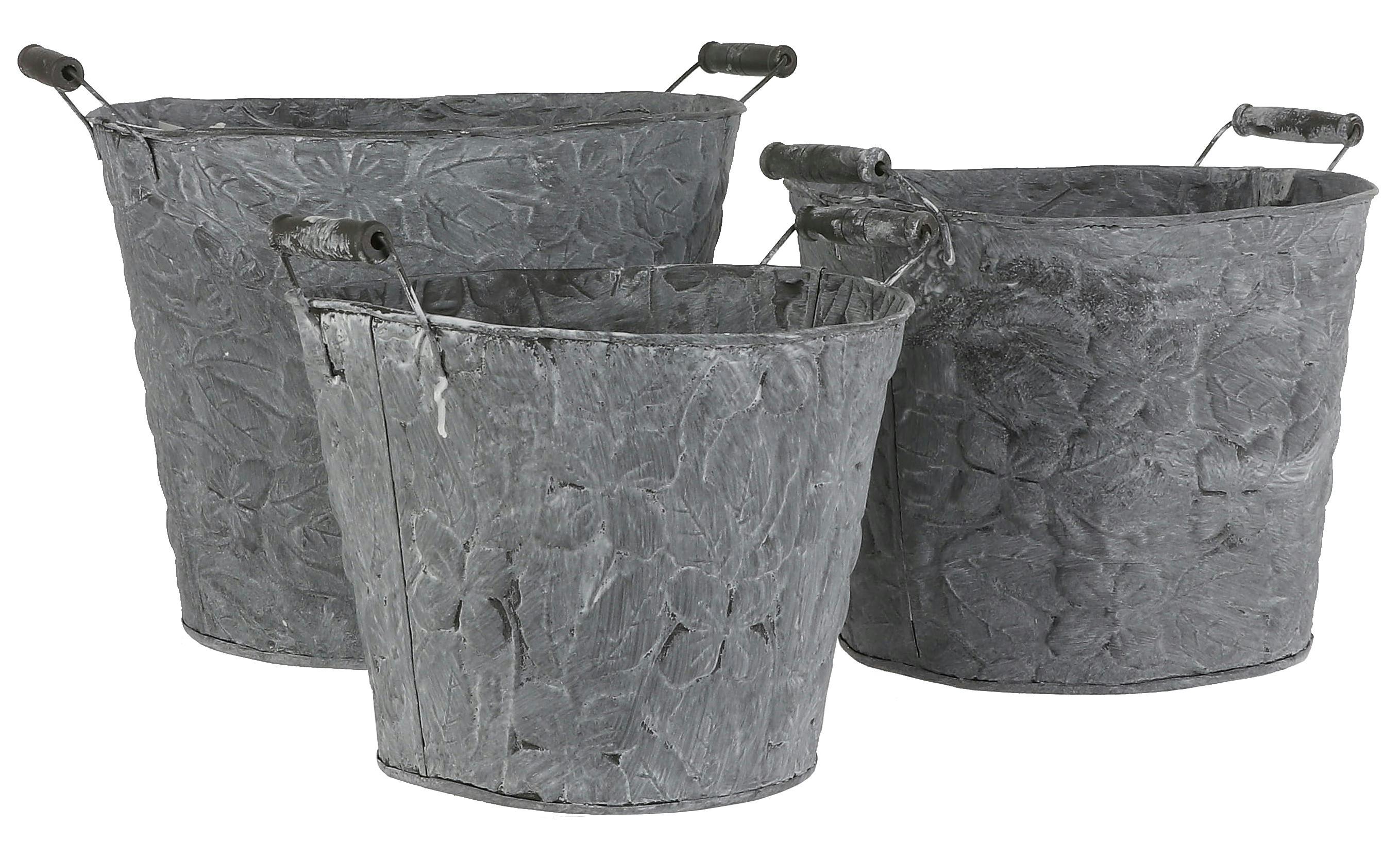 Lot de 3 seaux décor floral zinc gris