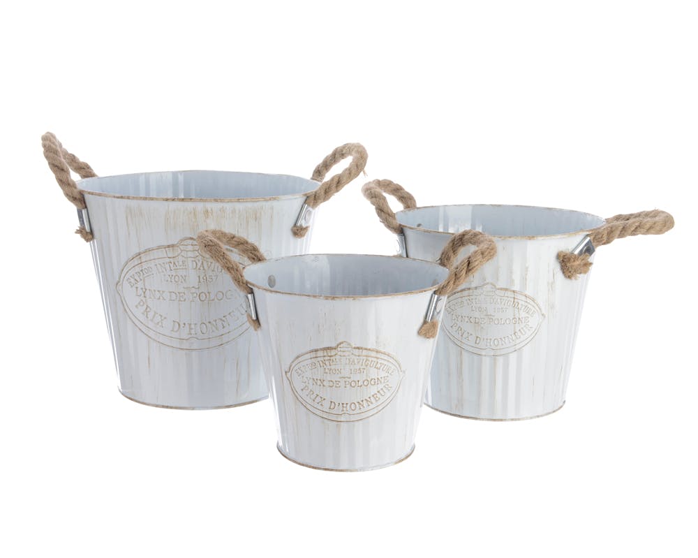 Lot de 3 seaux en zinc blanc anses en corde D20xH17cm
