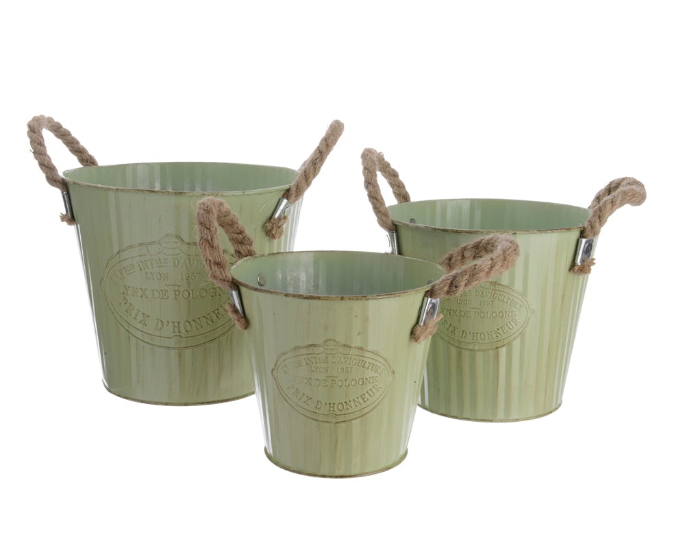 Lot de 3 seaux en zinc vert anses en corde D20xH17cm