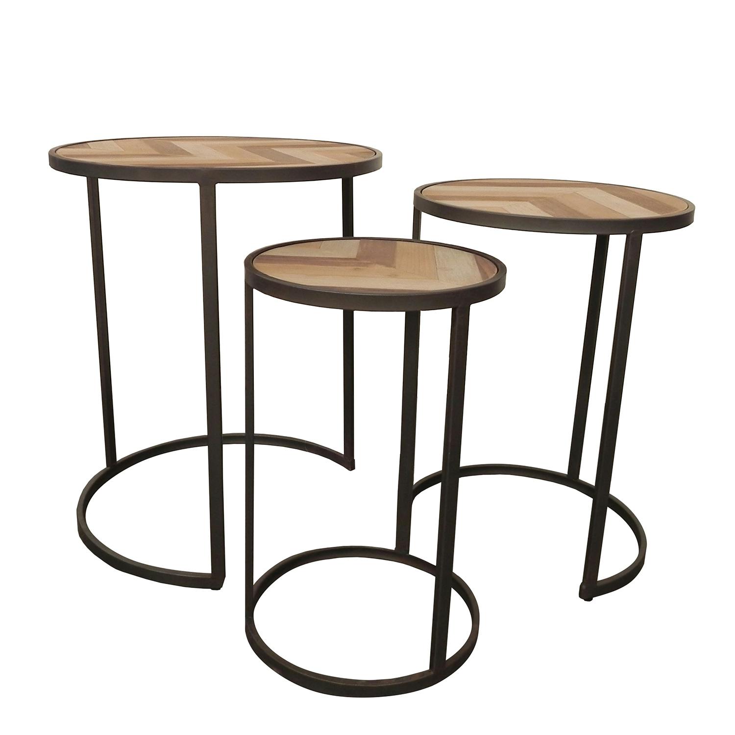 Lot de 3 selettes gigognes rondes en métal et bois motifs ethniques 50x50xH60cm SEVILLE
