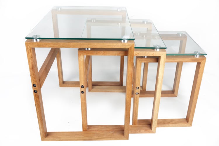 Lot de 3 Tables carrées d'appoint Gigogne plateau verre et pieds bois H50cm