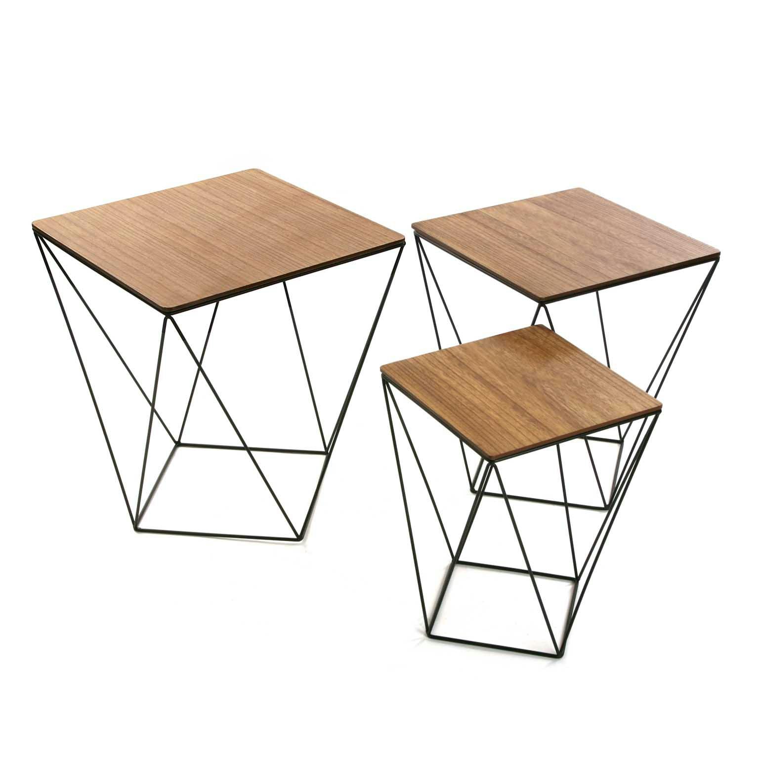 Lot de 3 tables d'appoint carrées plateau bois et pieds métal façon polygone 45x45x50cm LANDAISE