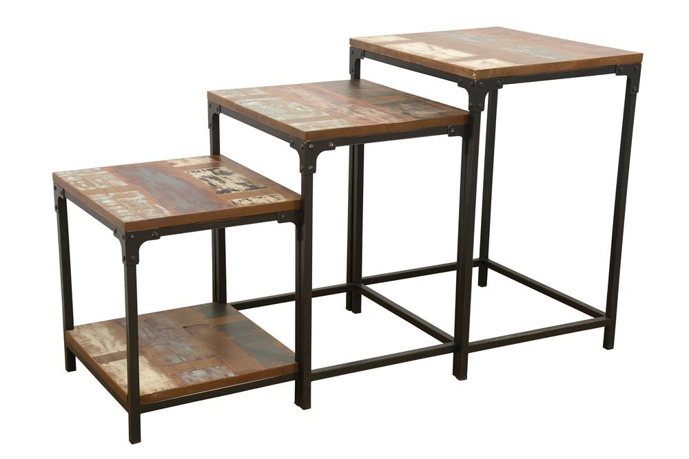 Lot de 3 Tables Gigognes / Sellettes en Hévéa recyclé coloré et métal 55x45x70cm LOFT COLORS