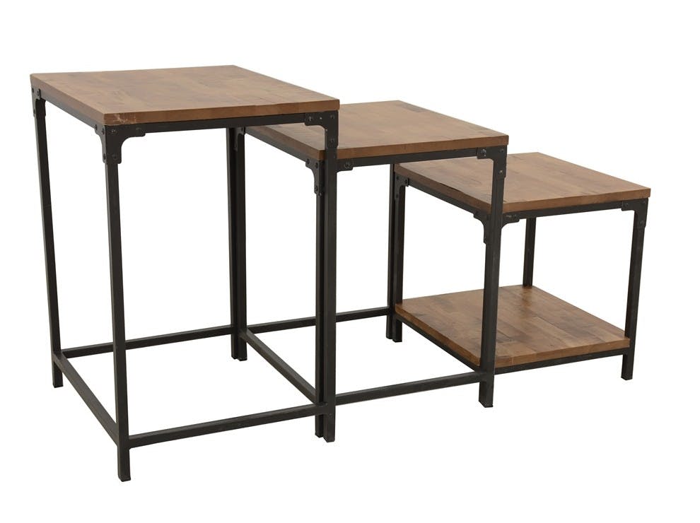 Lot de 3 Tables Gigognes / Sellettes en Hévéa recyclé naturel et métal 55x45x70cm LOFT