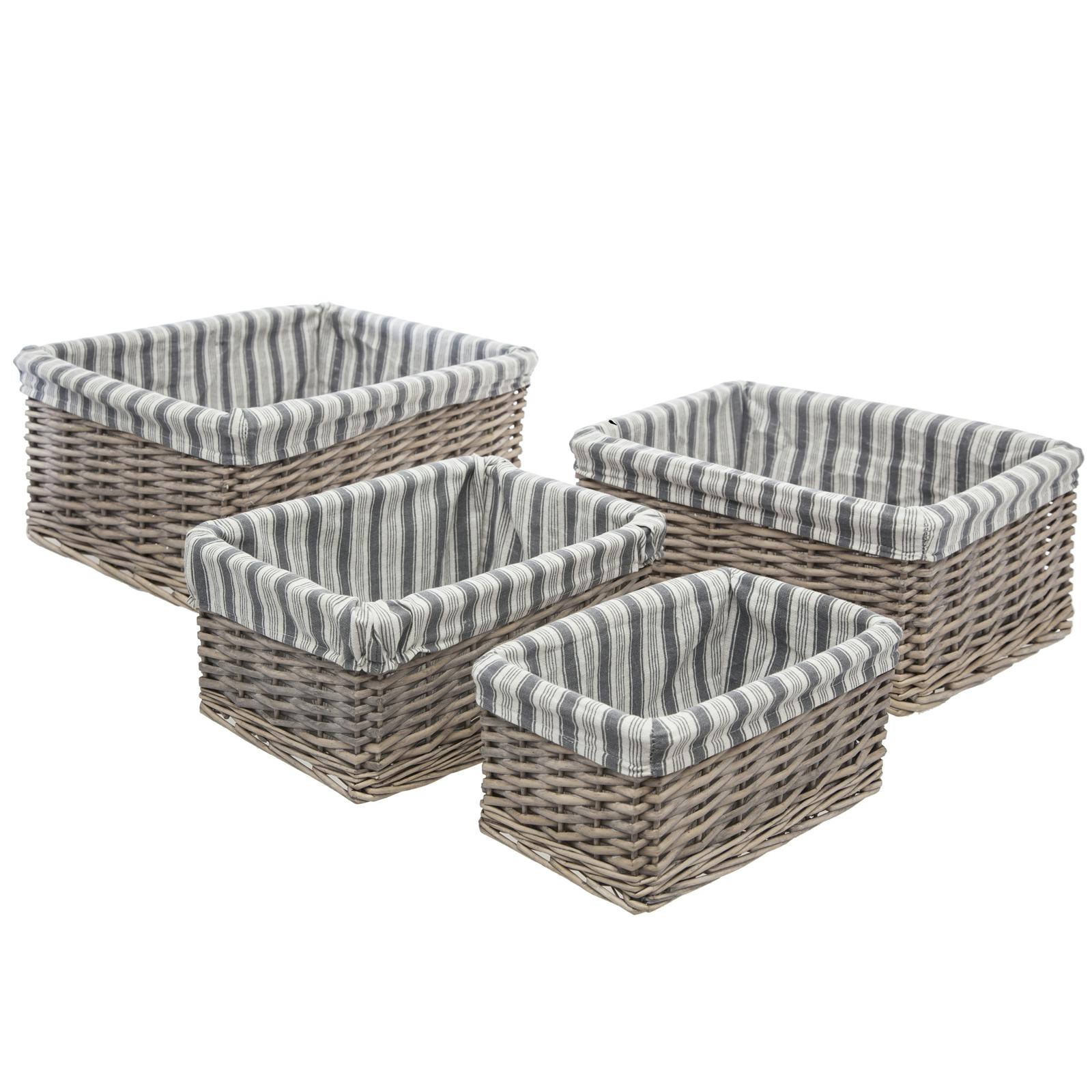 Lot de 4 paniers en osier naturel avec tissu rayures blanches et grises 43x33xH19cm