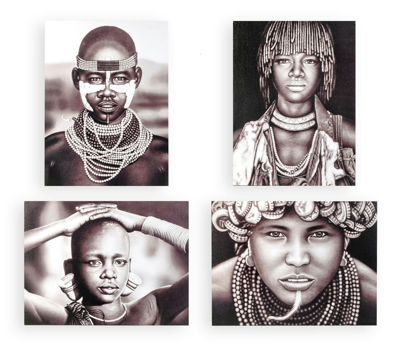 Lot de 4 photoprint portrait tribu d'Afrique 30x40cm
