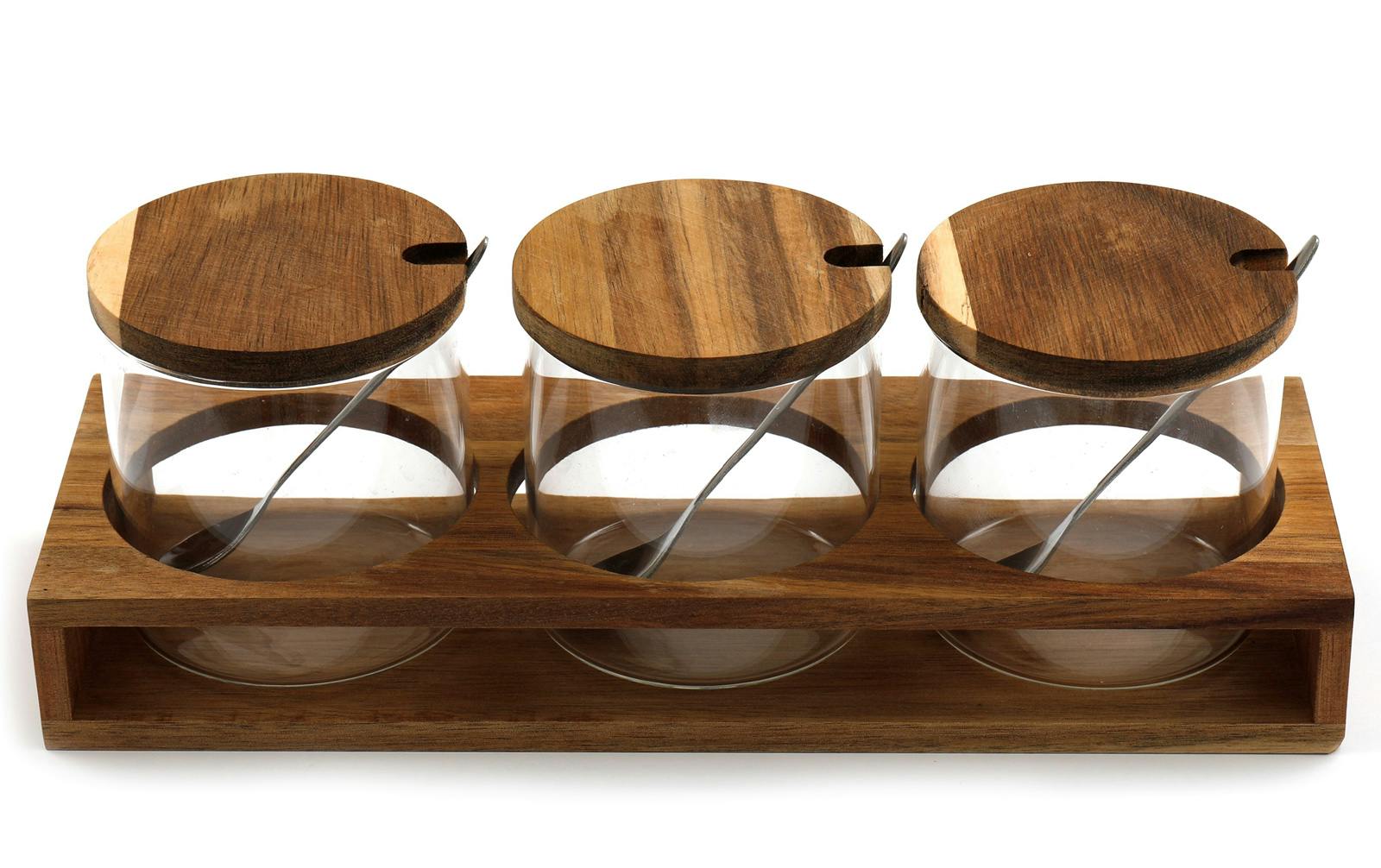 Lot de 4 pots en verre et bois 28 cm