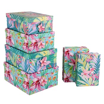 Lot de 6 boites de rangement décor floral tropical 35x27x15cm