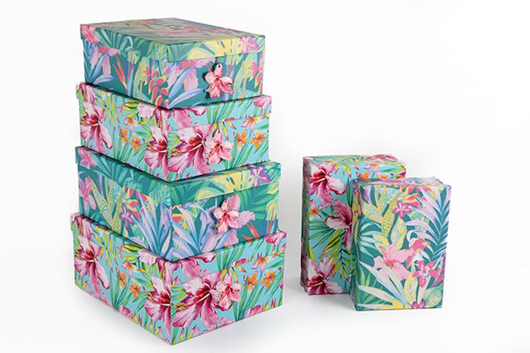 Lot de 6 boites de rangement décor floral tropical 35x27x15cm