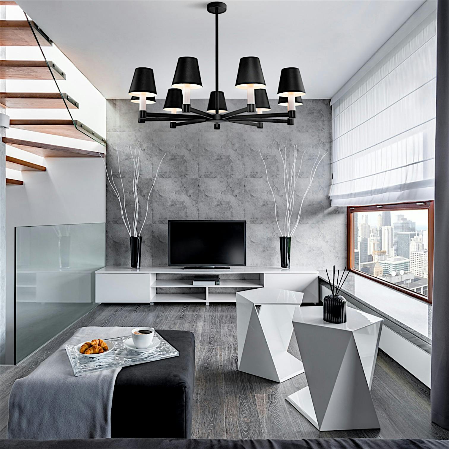 Lustre moderne noir 7 abat-jour MODENE