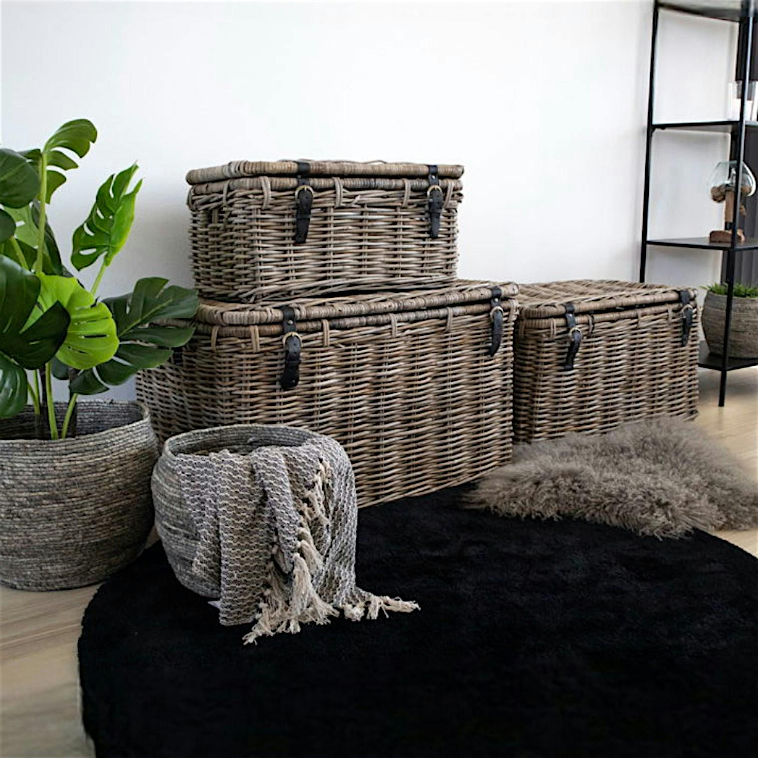 Malle de rangement en rotin avec attaches (lot de 3) MANY