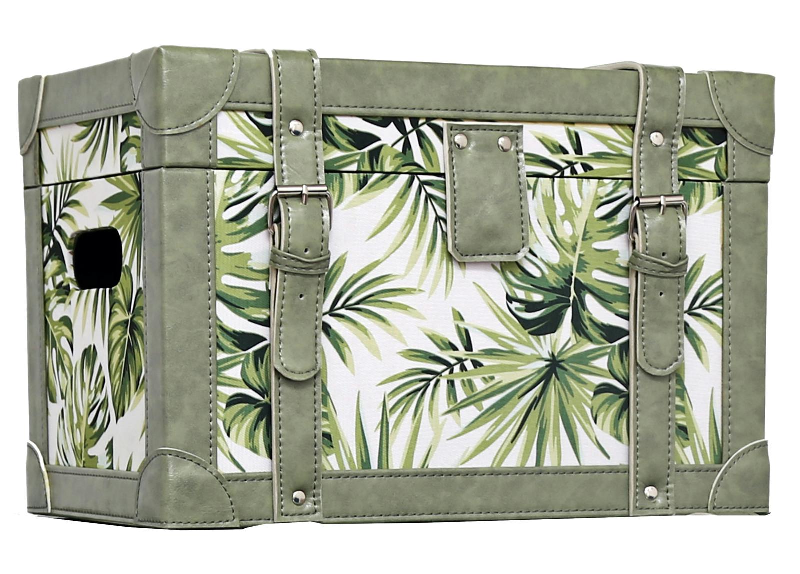 Malle décor Feuilles Tropicales en bois et tissu 59,5x39,5x40cm