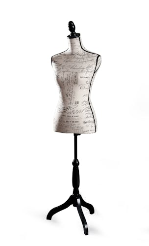 Mannequin couture tissu lin écru texte VALENTINE 40x36x165cm