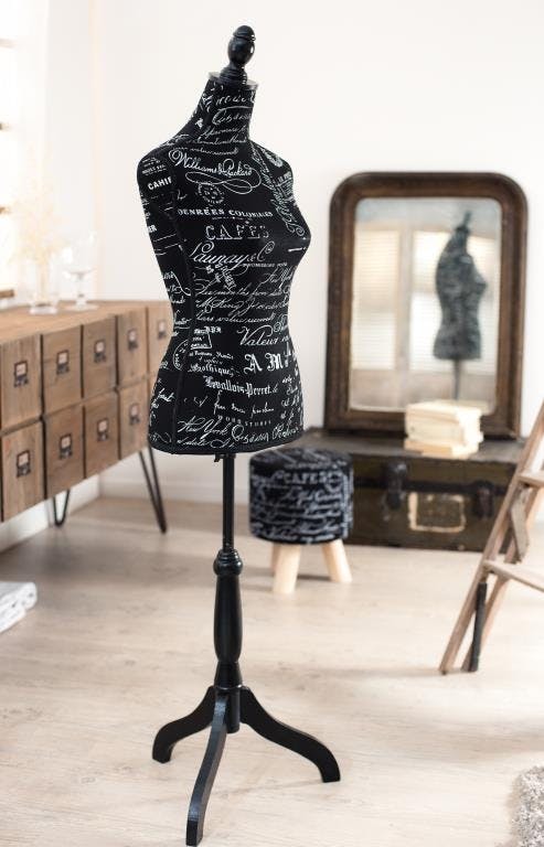 Mannequin couture tissu noir texte VALENTINE  40x36x165cm